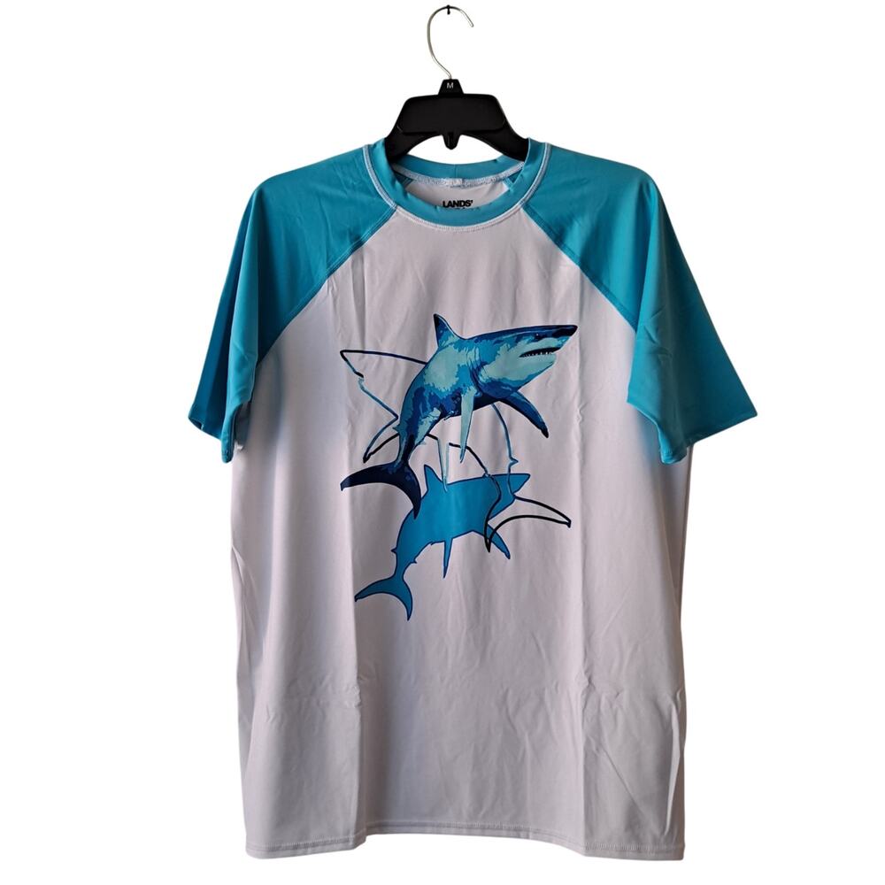 NWT Lands' End Swim Rash Guard Shark Print Short Sleeve Top Blue White Boys XXLH